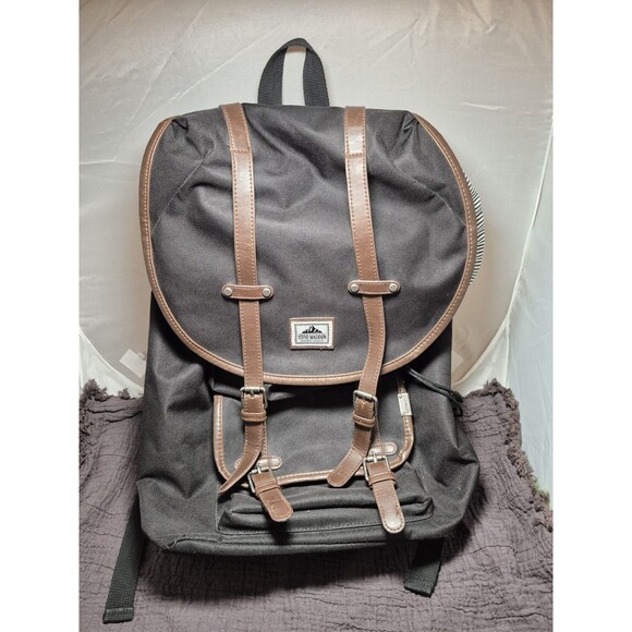 Steve Madden Barnet Avenue Black Brown Leather Trim Backpack Nice Condition - Picture 1 of 10